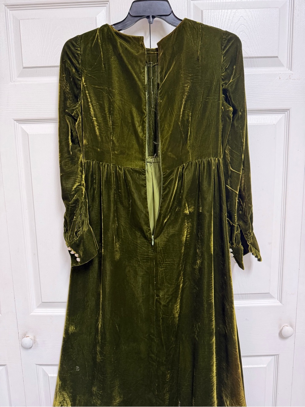 Olive Green Velvet Long Sleeve Maxi Dress with Cream Bow Vintage Size M - Picture 6 of 15